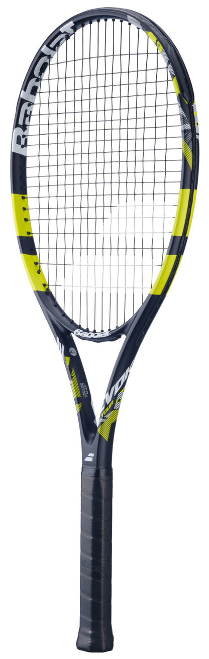 A black and yellow Babolat Evoke Tour 2026 Tennis Racket with a black grip and white strings is displayed upright against a white background.