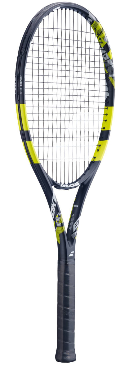 The Babolat Evoke Tour 2026 Tennis Racket, in black and yellow with a dark grip and open string pattern, stands upright against a white background—perfect for beginner players.