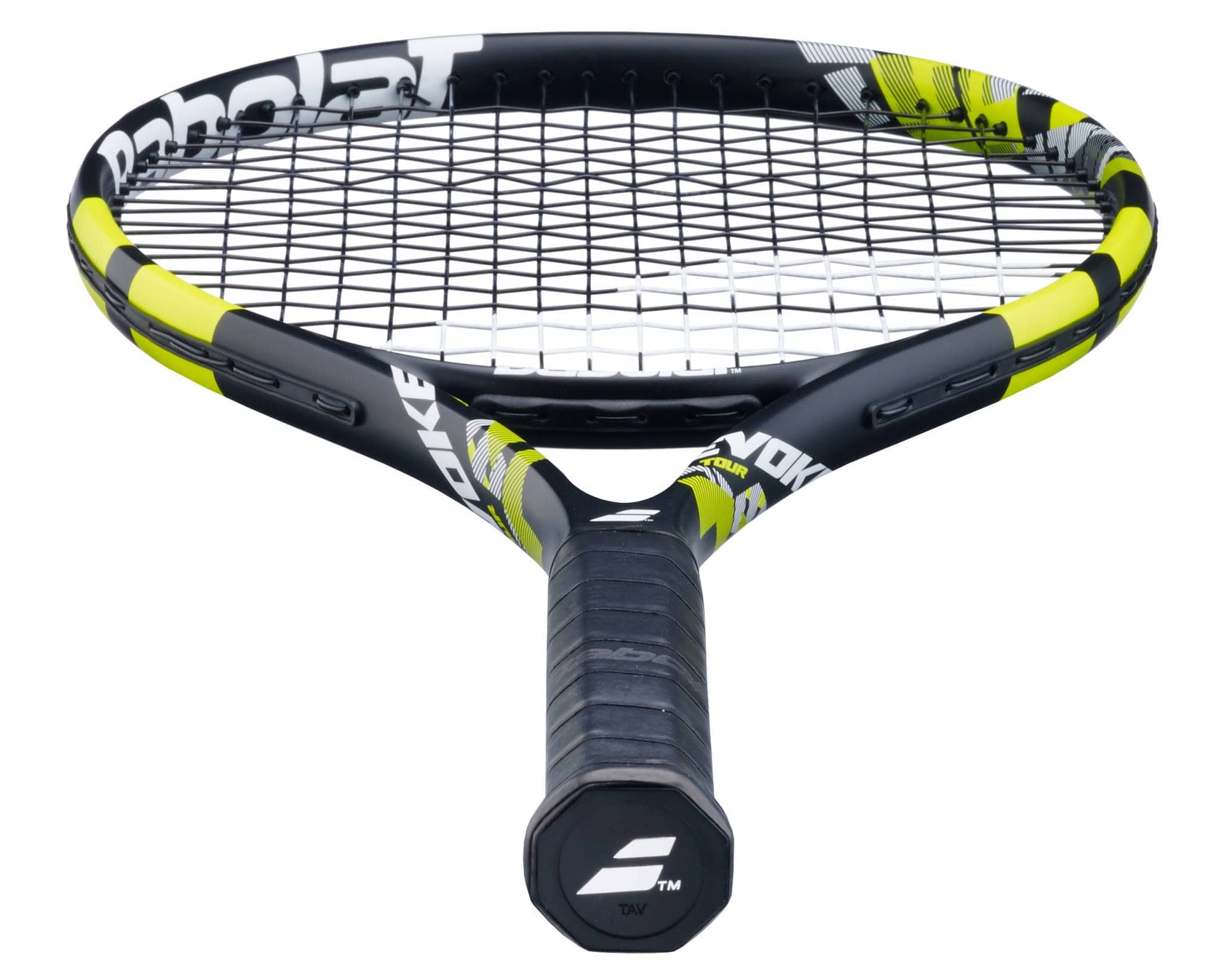 The Babolat Evoke Tour 2026 Tennis Racket features a black and yellow design, black handle, and white logo. It's shown from the handle end with visible strings.