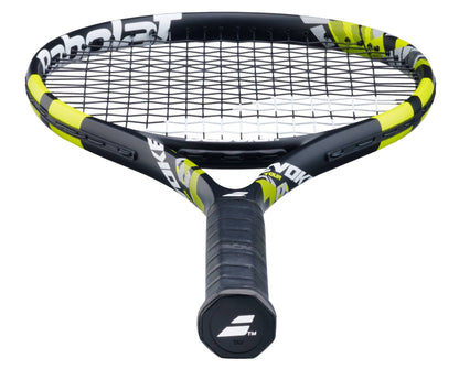 The Babolat Evoke Tour 2026 Tennis Racket features a black and yellow design, black handle, and white logo. It's shown from the handle end with visible strings.