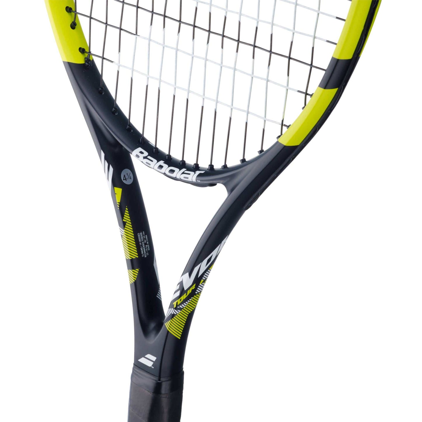Close-up of the Babolat Evoke Tour 2026 Tennis Racket, highlighting its black frame with yellow accents, white strings, partial handle, and visible Babolat brand logo.