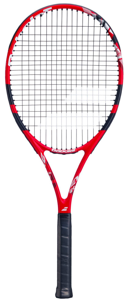 The Babolat Evoke Team 2026 Tennis Racket, shown in red and black with a black grip against a white background, is a lightweight racket ideal for beginners.