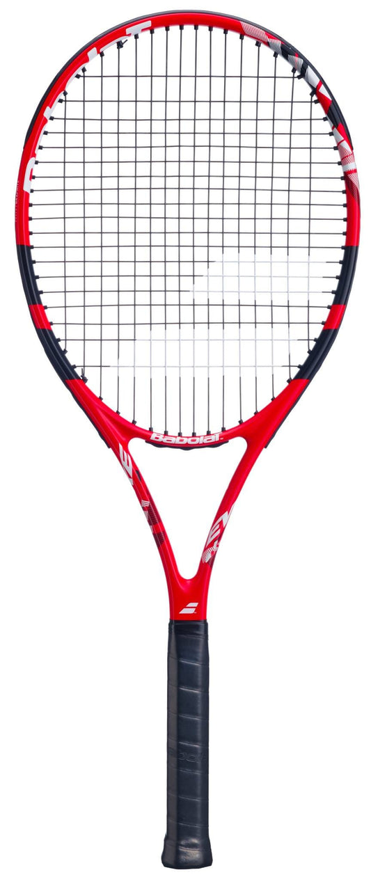 The Babolat Evoke Team 2026 Tennis Racket, shown in red and black with a black grip against a white background, is a lightweight racket ideal for beginners.