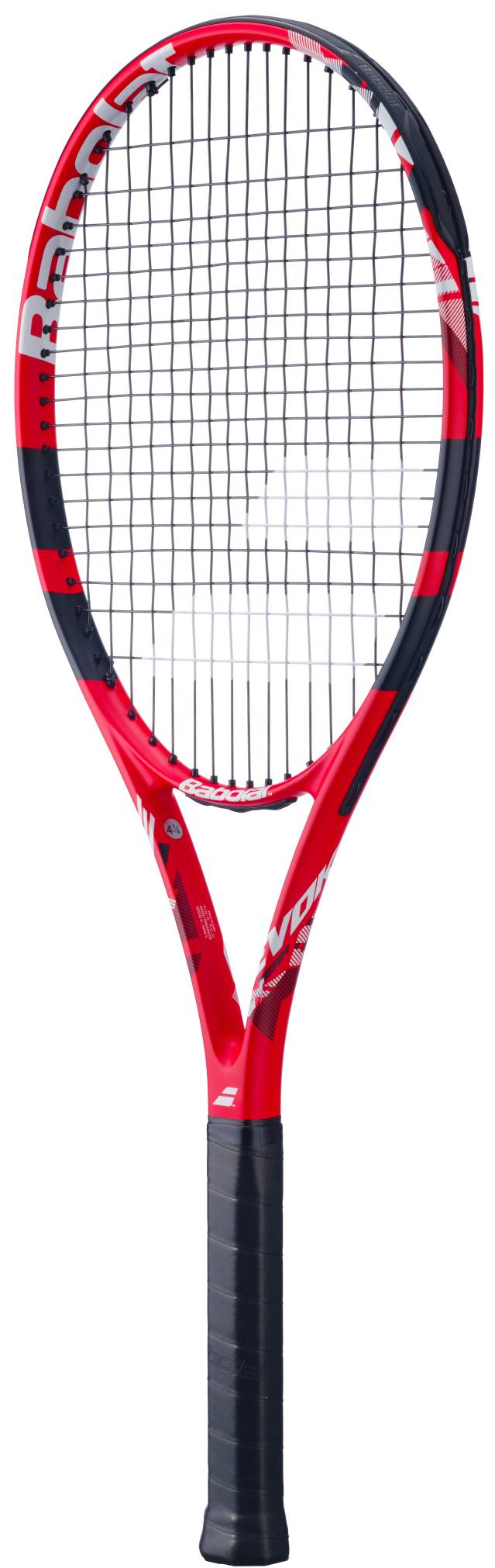 The Babolat Evoke Team 2026 Tennis Racket, in red and black with white lettering and a black grip handle, features a strung oval head. The lightweight racket by Babolat is displayed against a white background.