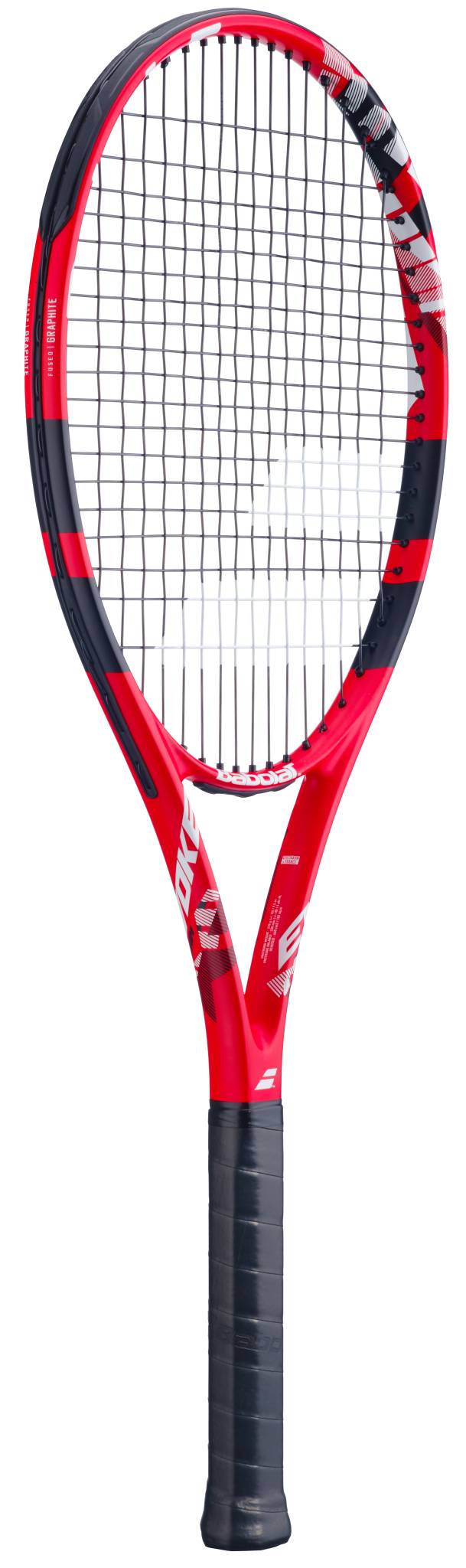 The Babolat Evoke Team 2026 Tennis Racket features a red and black design with a black grip, white branding, and white strings. Photographed on a white background, it’s an excellent lightweight choice for beginners.