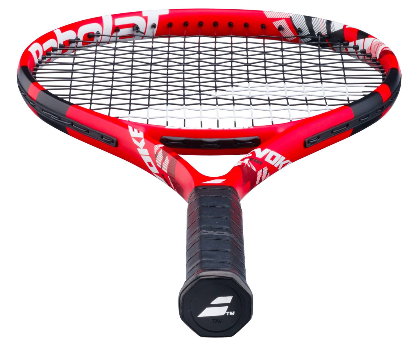 The Babolat Evoke Team 2026 Tennis Racket features a red and black design with a black grip and white branding, shown from a low angle highlighting the handle and strings—an ideal lightweight choice for beginners.