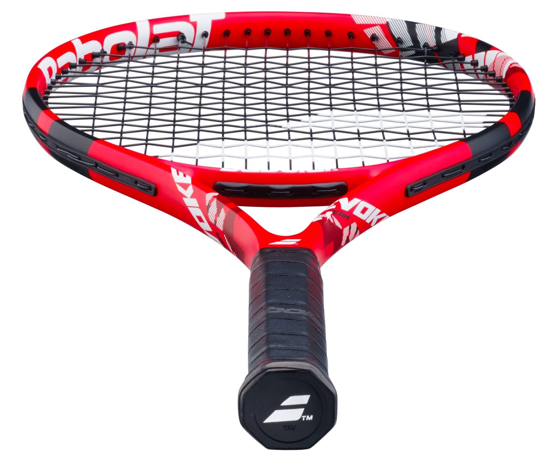 The Babolat Evoke Team 2026 Tennis Racket features a red and black design with a black grip and white branding, shown from a low angle highlighting the handle and strings—an ideal lightweight choice for beginners.