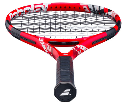 The Babolat Evoke Team 2026 Tennis Racket features a red and black design with a black grip and white branding, shown from a low angle highlighting the handle and strings—an ideal lightweight choice for beginners.