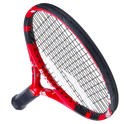 The Babolat Evoke Team 2026 Tennis Racket features a red and black design with a black handle and strings, shown on a white background—perfect as a lightweight beginner racket.