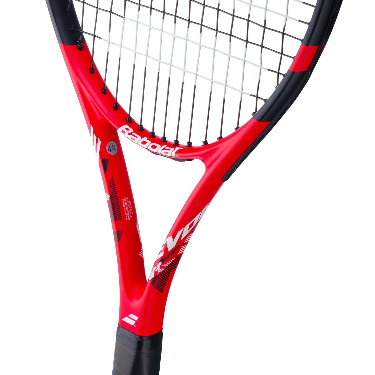 Close-up of the Babolat Evoke Team 2026 Tennis Racket in red and black with white branding, highlighting its strings, throat, and grip—an excellent lightweight option for beginners.