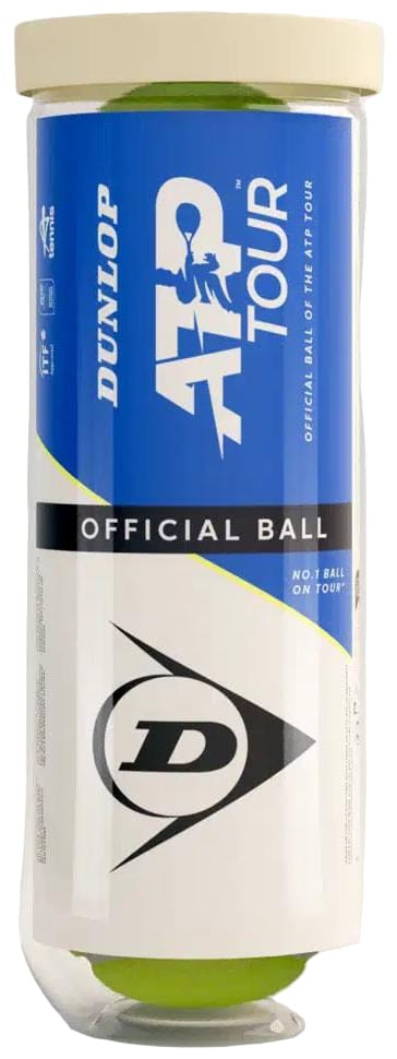 A clear tube of three Dunlop ATP Tour Tennis Balls, branded in blue, white, and black for elite play. Product: Dunlop ATP Tour Tennis Balls - 3 Ball Tube by Dunlop.