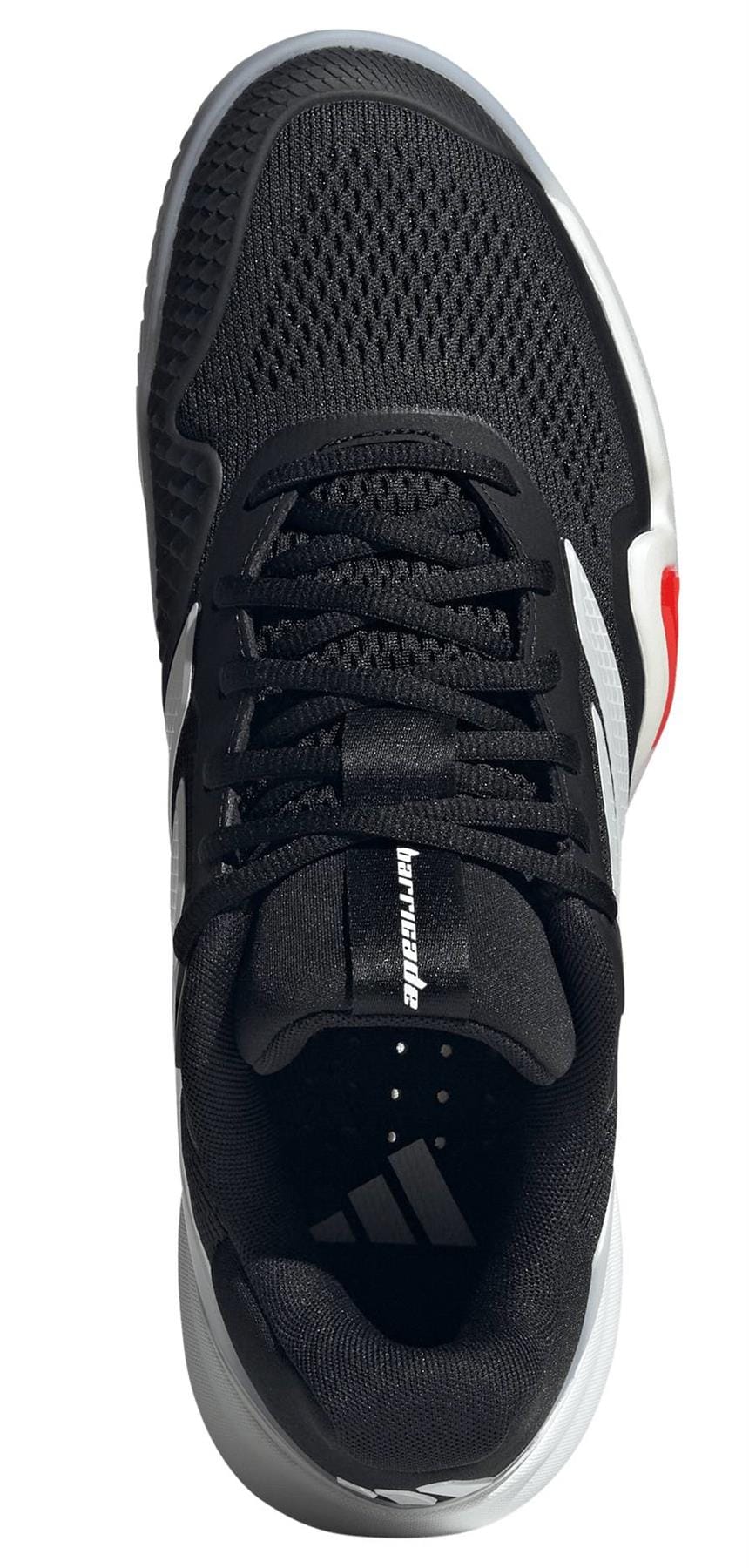 Top view of adidas Barricade 14 Men’s Tennis Shoes in black with mesh upper, white sole, black laces, a small red side accent, and white adidas branding on the tongue.