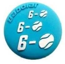 The Babolat Loony Damp Tennis Dampener - Blue features a circular badge with "6- 6- 6-" and a tennis ball graphic, offering improved vibration reduction on your racquet.