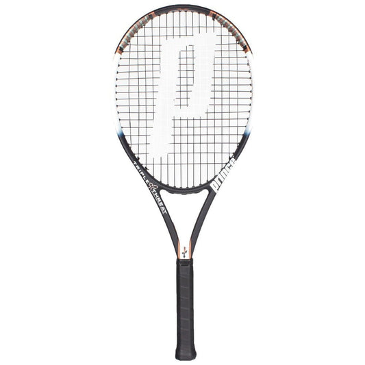 Introducing the Prince Bandit 110 Original 255g Tennis Racket, a lightweight option ideal for intermediate players. This racket features a distinctive large "P" logo on the strings and incorporates Triple Threat Technology. Its design includes a sleek black grip with the "Prince" brand name elegantly displayed on the side.