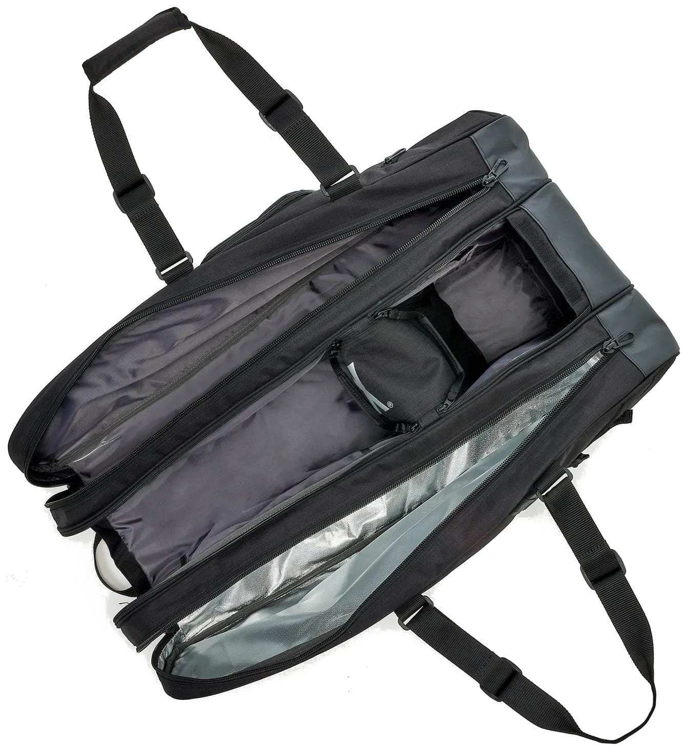 The Yonex BA72629EX Gearlogic 9 Racket Tennis Bag in black is shown open, displaying a spacious main compartment with an inner zippered pocket. It features two long adjustable shoulder straps and is empty.
