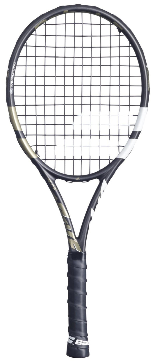 The Babolat Mini Pure Drive Wimbledon Tennis Racket features a black grip, white strings, and the classic Babolat logo—an ideal collectible for fans of British Grand Slam tournaments.