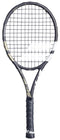 The Babolat Mini Pure Drive Wimbledon Tennis Racket features a black grip, white strings, and the classic Babolat logo—an ideal collectible for fans of British Grand Slam tournaments.