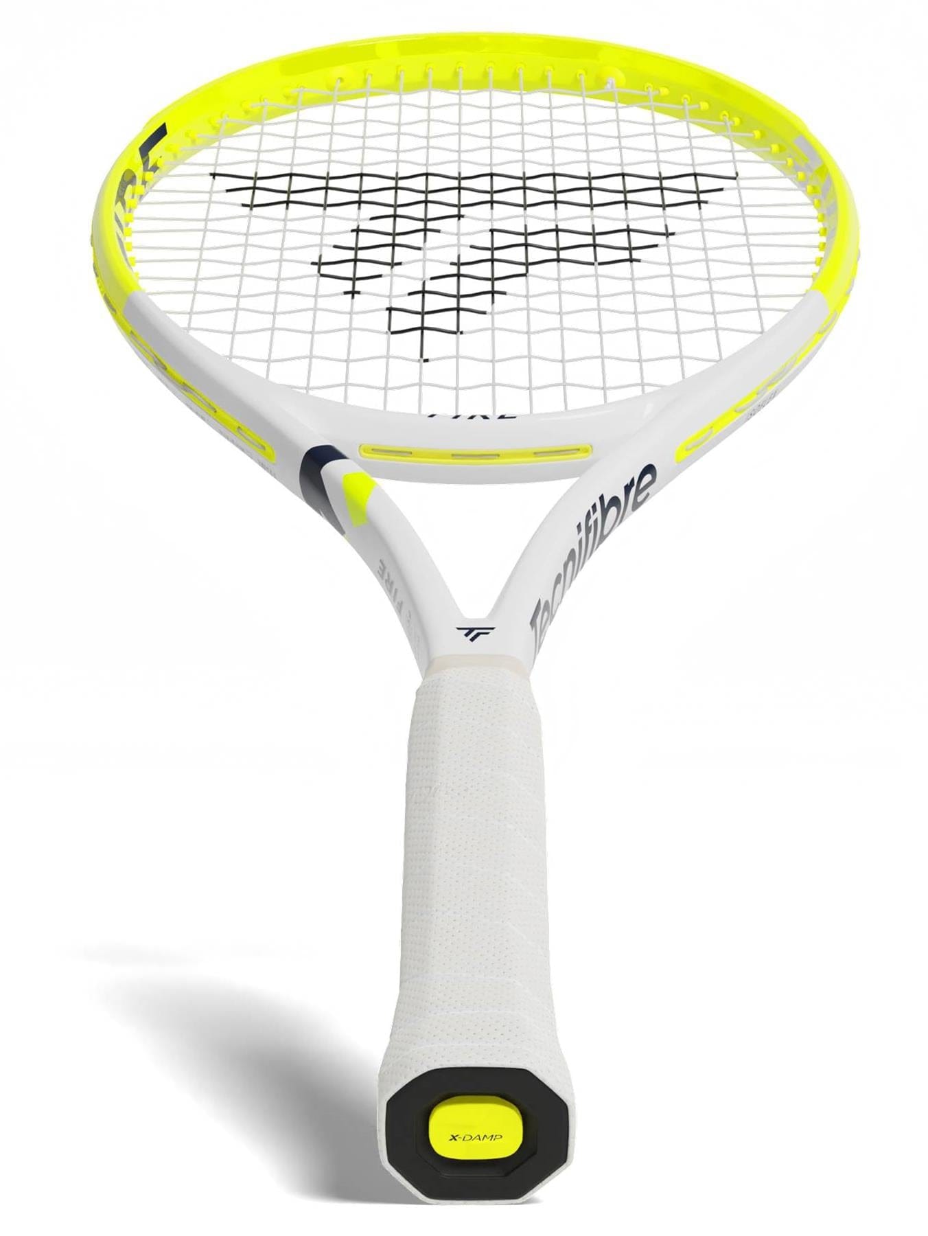 The Tecnifibre Fire 305 S V1 Tennis Racket is shown upright in white and yellow, featuring a white grip, visible Tecnifibre logo on the strings, and advanced vibration dampening for greater comfort.