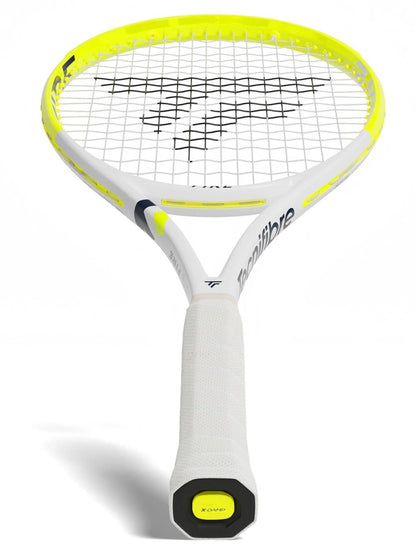 The Tecnifibre Fire 305 S V1 Tennis Racket is shown upright in white and yellow, featuring a white grip, visible Tecnifibre logo on the strings, and advanced vibration dampening for greater comfort.