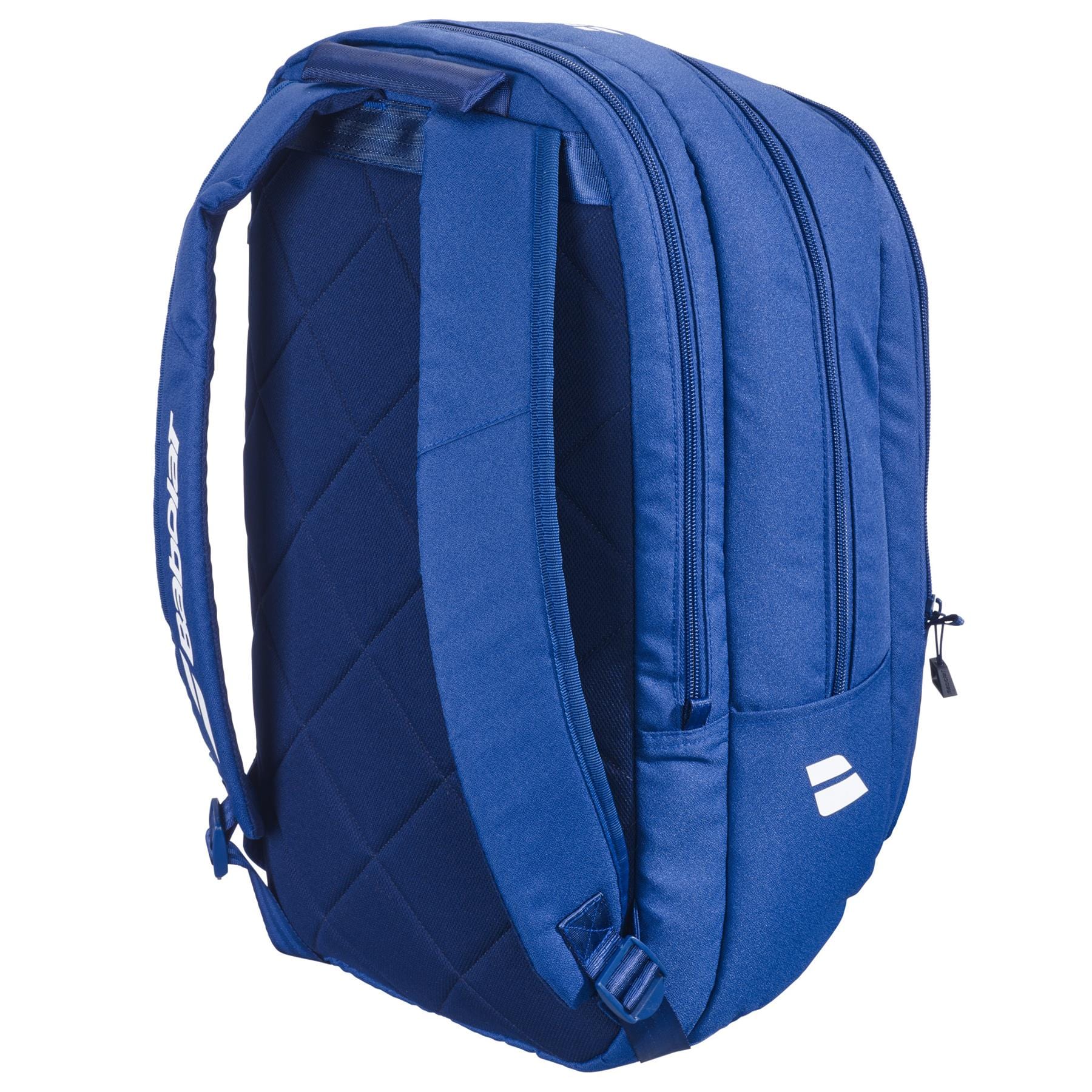 The Babolat Court Hero Tennis Backpack - Dark Blue by Babolat features a padded, quilted back panel, two adjustable shoulder straps, multiple zippered compartments, recycled PET material, and a small white logo on the lower front corner.