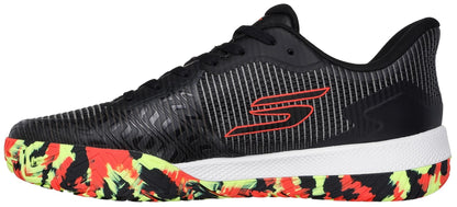 The Skechers Viper Court Pro 2.0 Tennis Shoes in Black / Multi feature a textured upper, red Skechers logo, and a vibrant sole with yellow, red, and black accents. Arch Fit technology ensures all-day comfort. Side view shown.