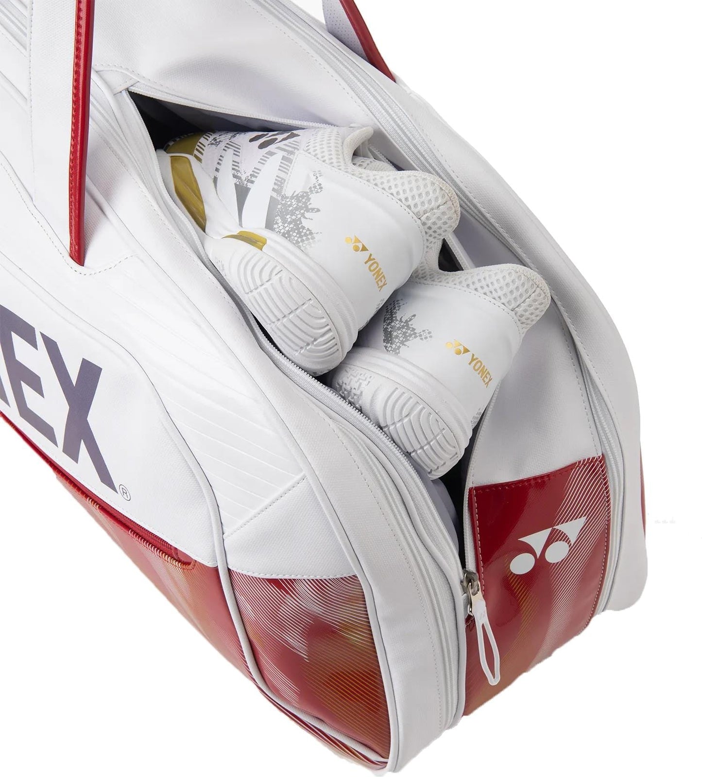 A Yonex 02631WEX Expert Tournament Tennis Bag in white, featuring Thermo Guard, is shown with a partially open zippered pocket that reveals white Yonex athletic shoes inside.