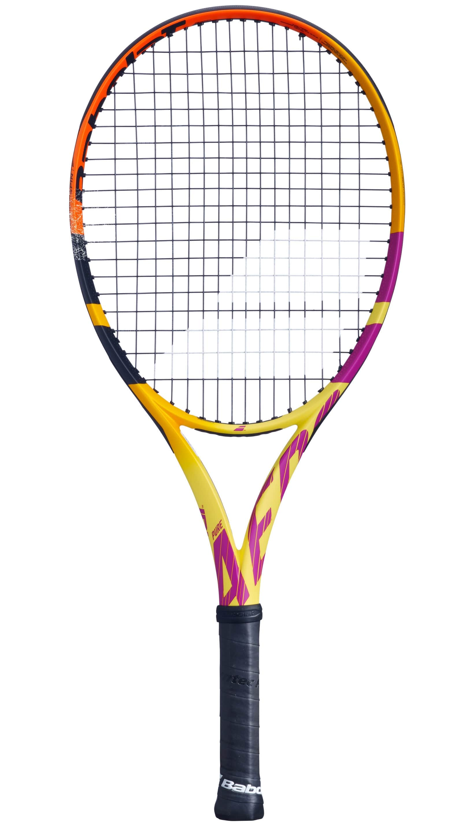 The Babolat Pure Aero RAFA Junior 26 Tennis Racket (Strung) features a striking design with a black grip and a lively yellow, orange, and pink frame. Equipped with spin technology, it's an excellent option for young players who desire both style and optimal performance on the court.