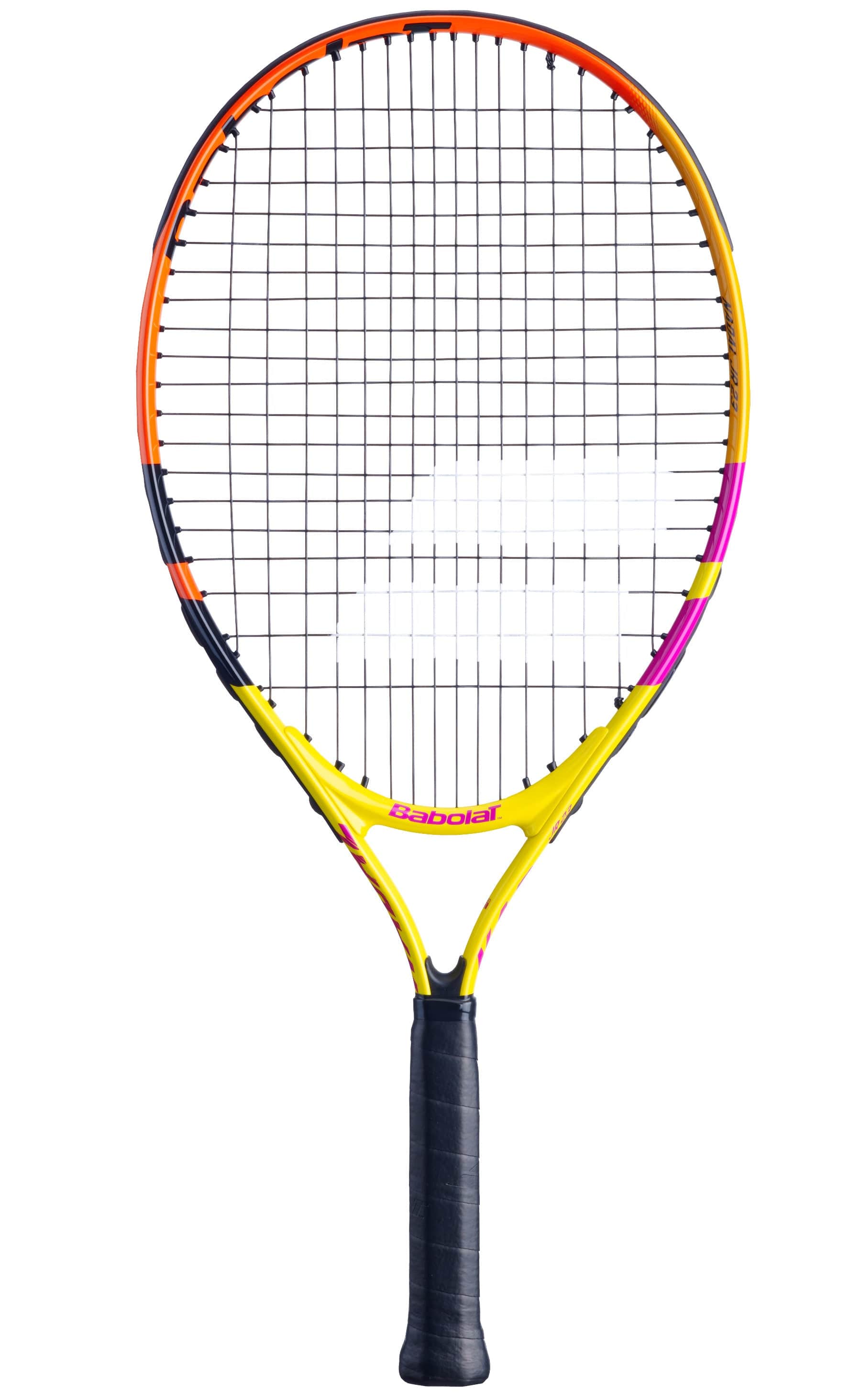 The Babolat Nadal Junior 23 Tennis Racket - G00 is a vibrant junior racket, featuring a sleek black handle and strings. Its frame is adorned in dynamic shades of yellow, orange, pink, and black, showcasing the energetic spirit of Babolat craftsmanship.