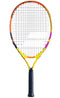 The Babolat Nadal Junior 23 Tennis Racket - G00 is a vibrant junior racket, featuring a sleek black handle and strings. Its frame is adorned in dynamic shades of yellow, orange, pink, and black, showcasing the energetic spirit of Babolat craftsmanship.