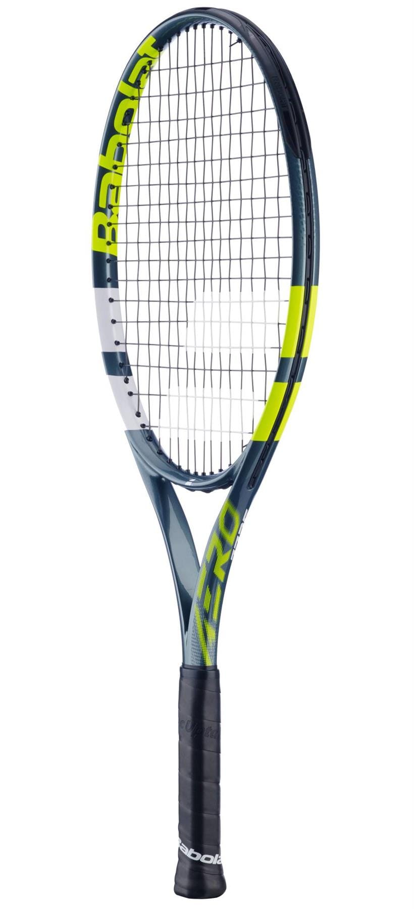The Babolat Aero Junior 25 Tennis Racket 2026 by Babolat features a black handle, blue frame, and yellow accents. Made from graphite composite, the strings and brand logo are visible as it stands upright against a white background.