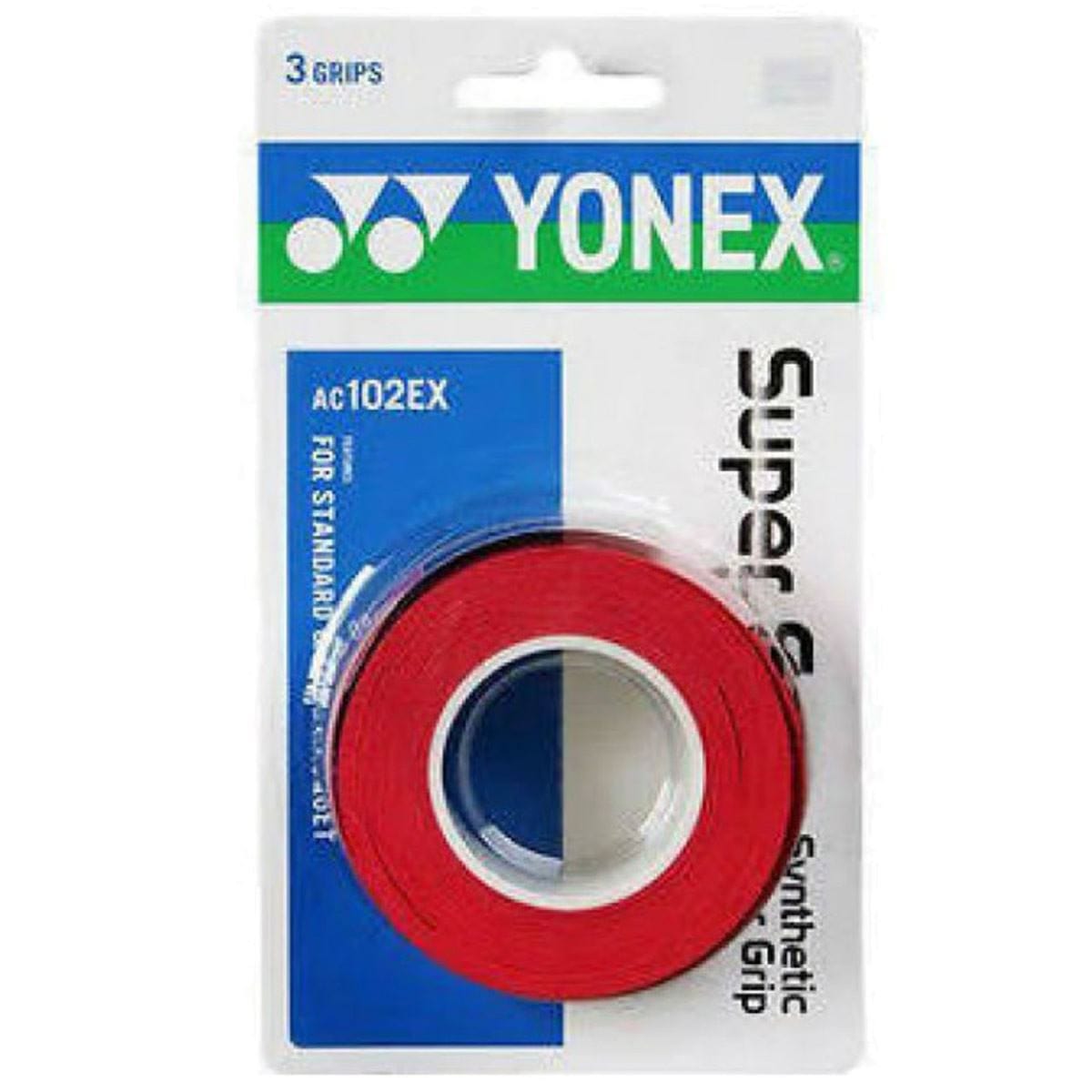 The Yonex AC102EX Super Grap Tennis Overgrip - 3 Pack comes in red and fits standard racquet handles.