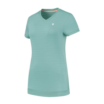 The K-Swiss Tac Hypercourt Women's V-Neck Tennis Top in Nile Blue features a small logo on the upper left chest and boasts a sleek, simple design that is perfect for both casual and workout wear.