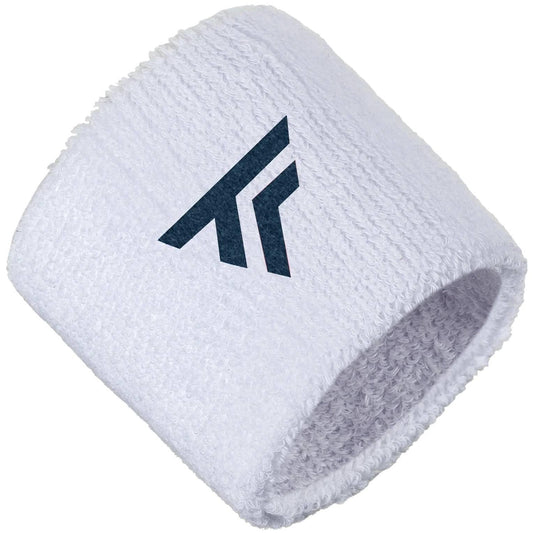 The Tecnifibre 2026 Tennis Wristband Sweatband 2 Pack in white features a dark blue diagonal line logo and offers shock absorption for comfort during play.