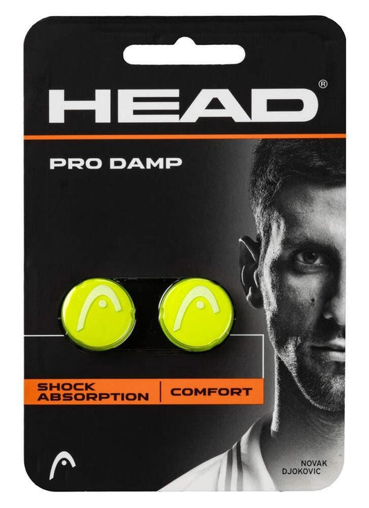 Packaging for the HEAD Pro Damp Tennis Dampener - Luminous Yellow by HEAD includes two yellow dampeners and a black-and-white image of a male tennis player, highlighting "Shock Absorption," "Comfort," and superior vibration reduction.