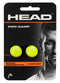 Packaging for the HEAD Pro Damp Tennis Dampener - Luminous Yellow by HEAD includes two yellow dampeners and a black-and-white image of a male tennis player, highlighting "Shock Absorption," "Comfort," and superior vibration reduction.