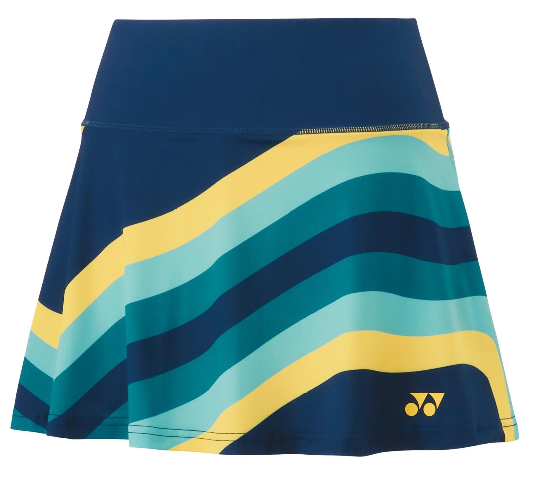The Yonex 26121EX Women's Tennis Skort in Indigo Marine boasts a wide waistband and diagonal stripes of yellow and turquoise. Featuring UV reduction, this chic skort incorporates VeryCool technology to ensure comfort on the court, accented by a small logo.