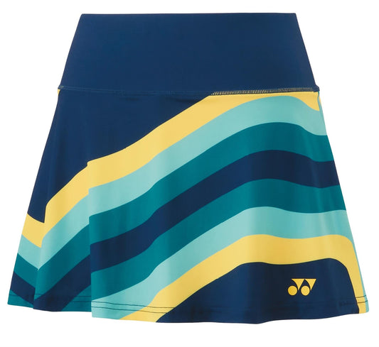 The Yonex 26121EX Women's Tennis Skort in Indigo Marine boasts a wide waistband and diagonal stripes of yellow and turquoise. Featuring UV reduction, this chic skort incorporates VeryCool technology to ensure comfort on the court, accented by a small logo.