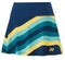 The Yonex 26121EX Women's Tennis Skort in Indigo Marine boasts a wide waistband and diagonal stripes of yellow and turquoise. Featuring UV reduction, this chic skort incorporates VeryCool technology to ensure comfort on the court, accented by a small logo.