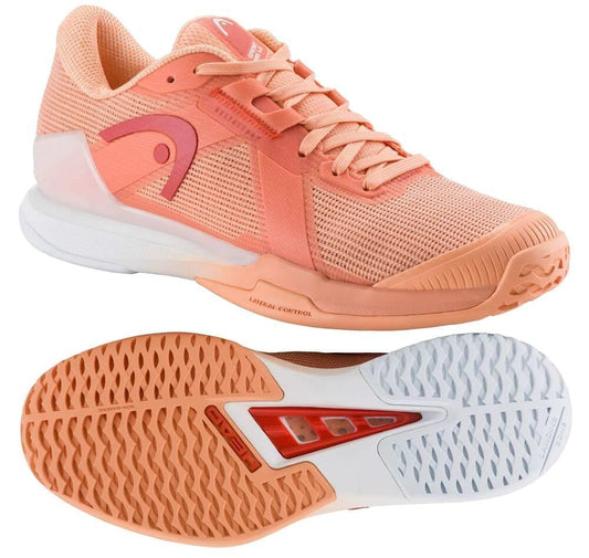 The HEAD Sprint Pro Women's Tennis Shoes in coral/white feature breathable mesh uppers for lightweight comfort and a geometric-patterned rubber sole. The shoes display the HEAD logo on the side and tongue, shown from a side and bottom view.