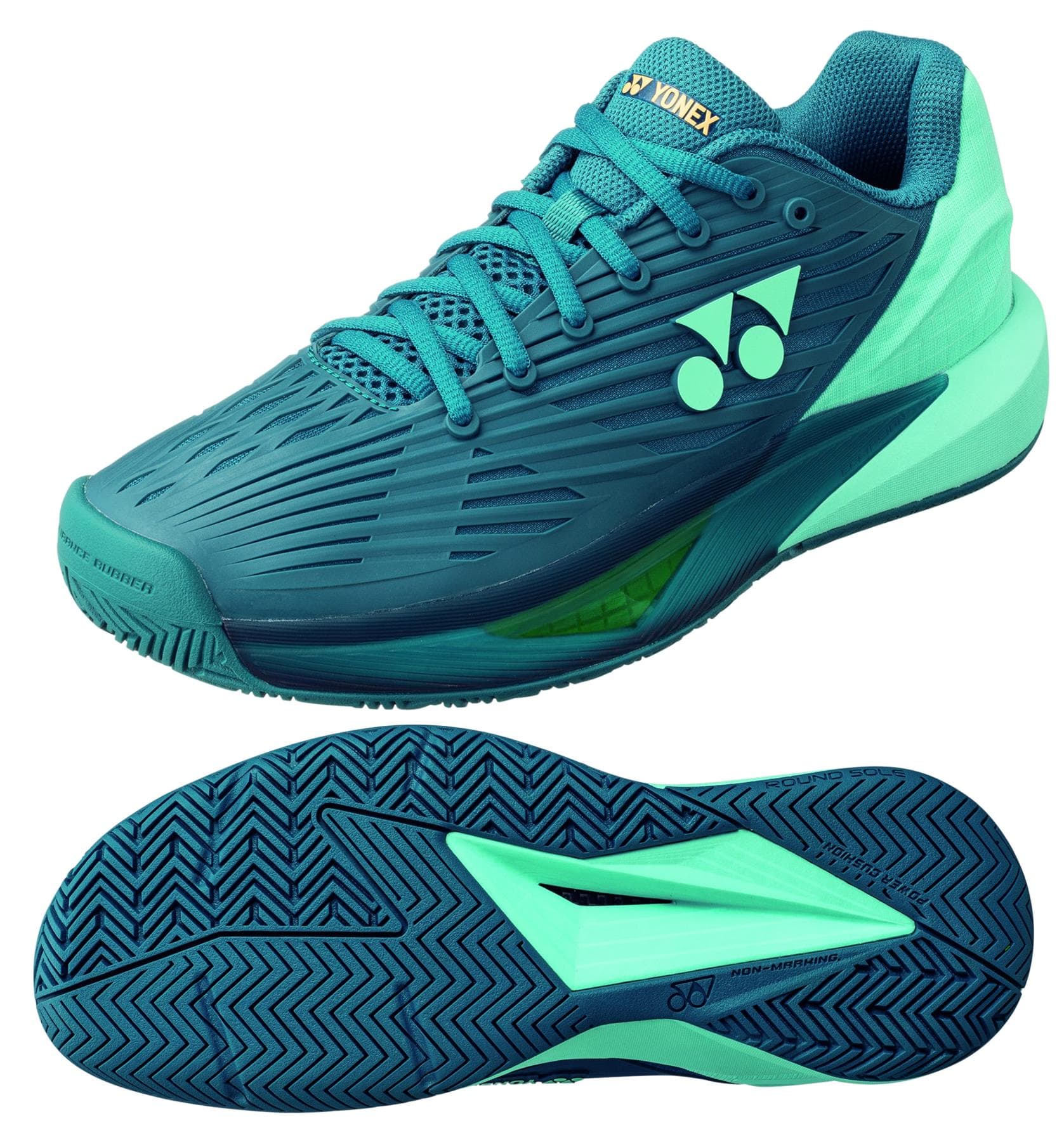 Introducing the Yonex Power Cushion Eclipsion 5 Men's Tennis Shoes in a striking blue-green shade. These athletic tennis shoes showcase a textured pattern and a contrasting mint green sole. Equipped with the renowned Yonex Power Cushion technology, they offer exceptional shock absorption. The signature logo, featuring two circles and a triangle, is prominently displayed alongside the sole's grip design for unmatched performance on the court.
