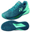 Introducing the Yonex Power Cushion Eclipsion 5 Men's Tennis Shoes in a striking blue-green shade. These athletic tennis shoes showcase a textured pattern and a contrasting mint green sole. Equipped with the renowned Yonex Power Cushion technology, they offer exceptional shock absorption. The signature logo, featuring two circles and a triangle, is prominently displayed alongside the sole's grip design for unmatched performance on the court.