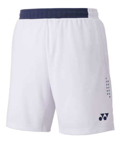 Explore the Yonex 15131 Men's Shorts in white, crafted with a dark waistband and a discreet logo at the bottom left. These shorts include subtle dot detailing on the side and integrate VERY COOL technology to ensure you stay comfortable and stylish while on the go.
