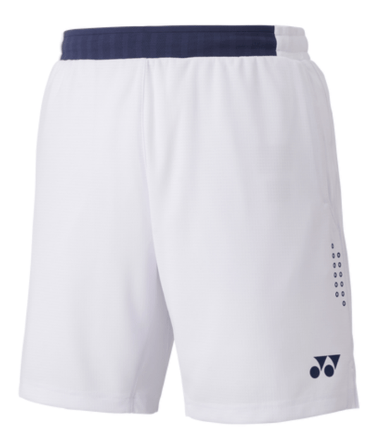 Explore the Yonex 15131 Men's Shorts in white, crafted with a dark waistband and a discreet logo at the bottom left. These shorts include subtle dot detailing on the side and integrate VERY COOL technology to ensure you stay comfortable and stylish while on the go.