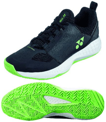 The Yonex Power Cushion Lumio 4 Men's Tennis Shoes in black and lime are lightweight footwear perfect for beginner or intermediate tennis players. They boast black uppers with neon green accents and white soles, complemented by a zigzag patterned outsole. The Yonex logo is prominently displayed on the side and tongue for added style.