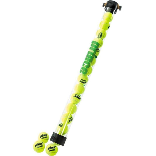 A long, clear tube filled with neon yellow tennis balls labeled as the "Prince 15 Tennis Ball Collector." Ideal for practice sessions, its cylindrical design with black caps on both ends ensures efficient capacity utilization and easy organization for any avid tennis ball collector.