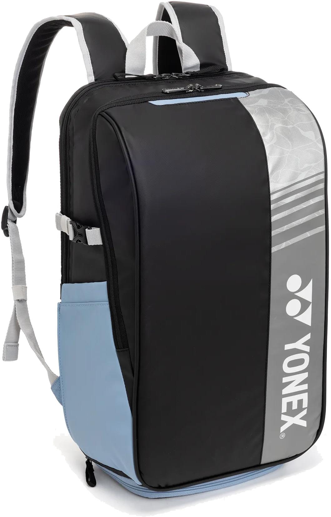The Yonex BA52512EX Club Tennis Backpack by Yonex combines black and blue panels with stylish silver and white accents, adjustable shoulder straps, and a durable design—making it a fashionable, practical choice for tennis players.