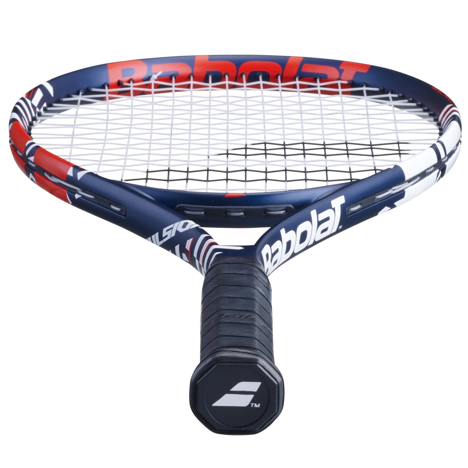 The Babolat Pulsion Team Tennis Racket - Blue by Babolat features a black grip and a frame in blue, white, and red colors, designed for perfect balance at the handle. Its strings are arranged in a precise grid pattern to enhance power with each swing, while the iconic Babolat logo is prominently displayed on the frame.