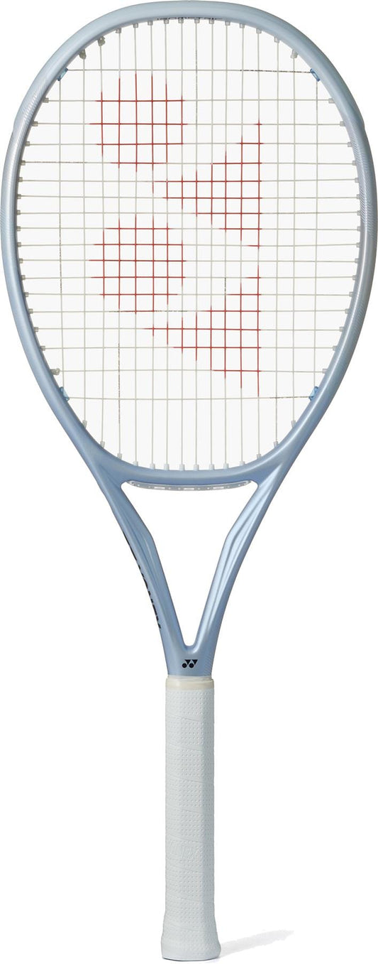 The Yonex Muse 100L Tennis Racket by Yonex is shown in light blue with a white grip and red string markings, featuring a Synchro Frame for easy rallies, set against a plain white background.