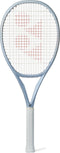 The Yonex Muse 100L Tennis Racket by Yonex is shown in light blue with a white grip and red string markings, featuring a Synchro Frame for easy rallies, set against a plain white background.
