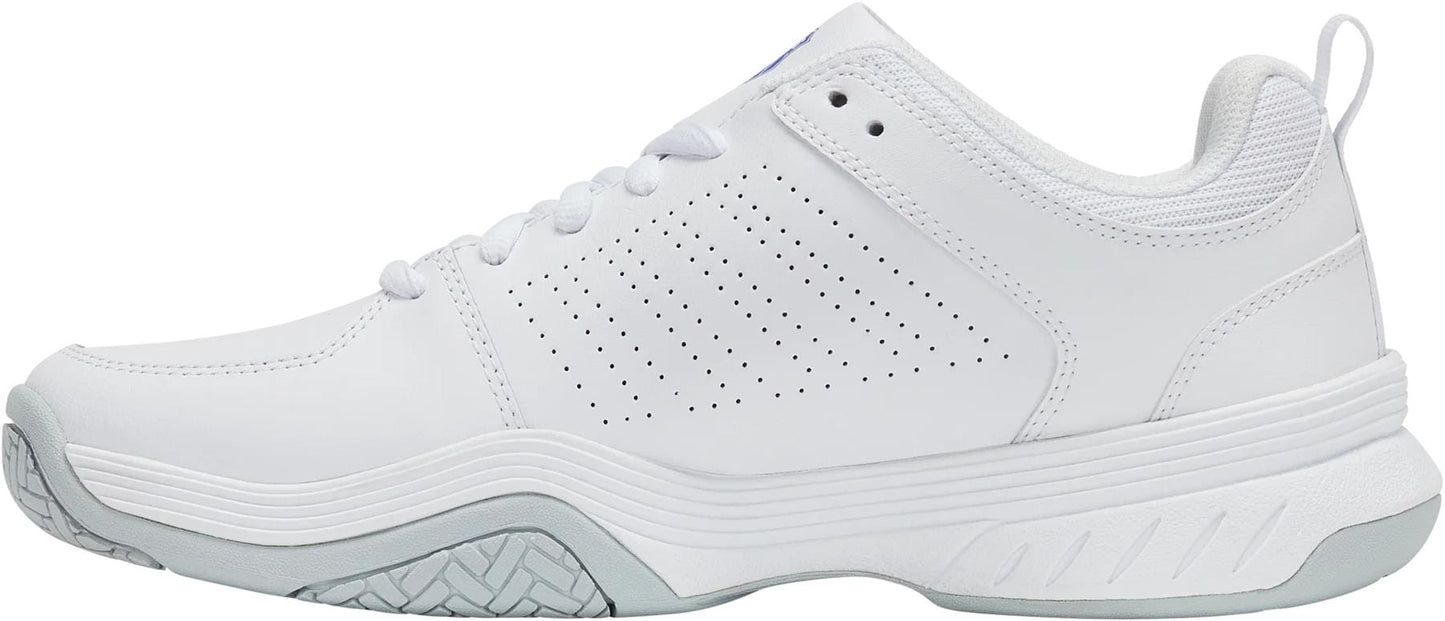 The K-Swiss Court Express 2 Men’s Tennis Shoes in White/Dazzling Blue feature perforated sides, a textured light gray sole, white laces, and classic K-Swiss design—shown here in a left profile view on a plain white background.